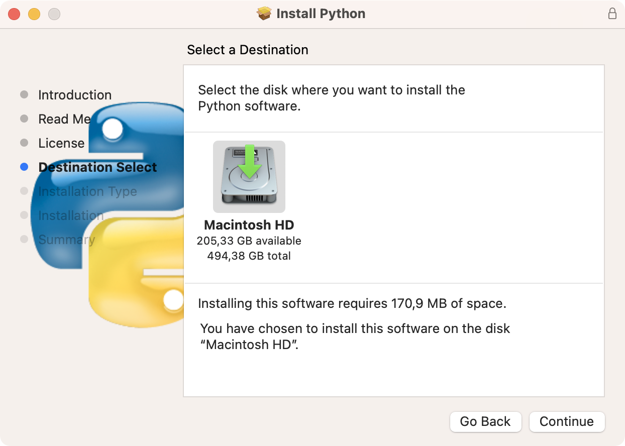 Instalador de Python, cuarta ventana: Disco destino