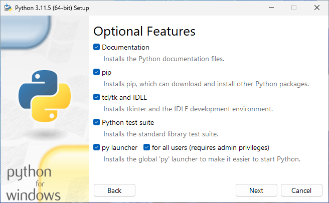 Instalador de Python, segunda ventana - Características Opcionales