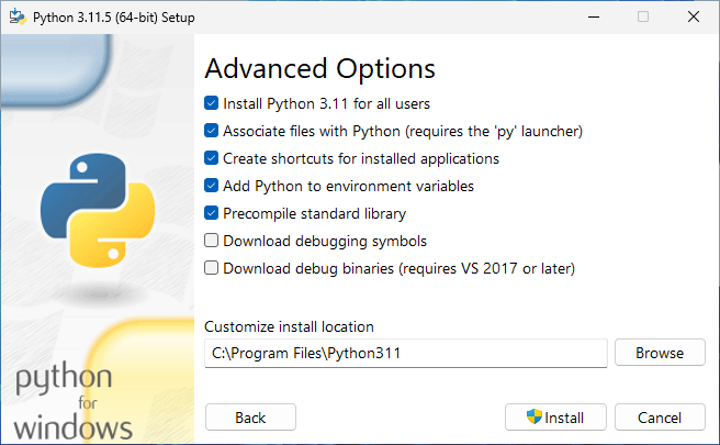 Instalador de Python, tercera ventana - Selección de Opciones Avanzadas