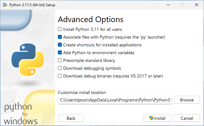 Instalador de Python, tercera ventana - Opciones Avanzadas