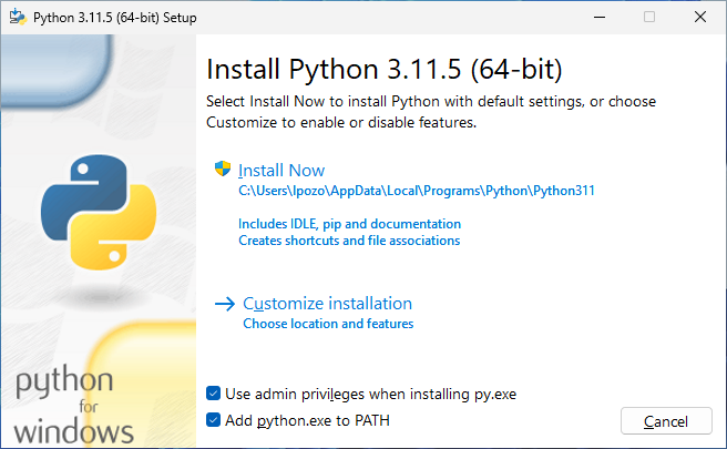 Instalador de Python, ventana inicial - Añadir Python al path del sistema