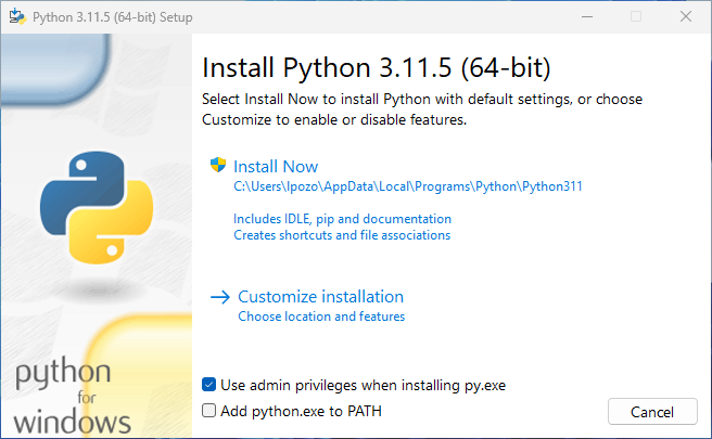 Instalador de Python, ventana inicial