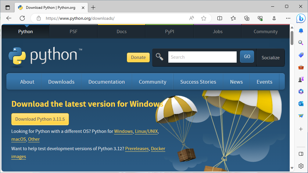 Página de descargas de Python para Windows