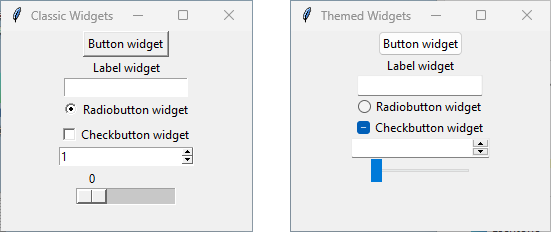 Widgets clásicos y temáticos de Tkinter en Windows